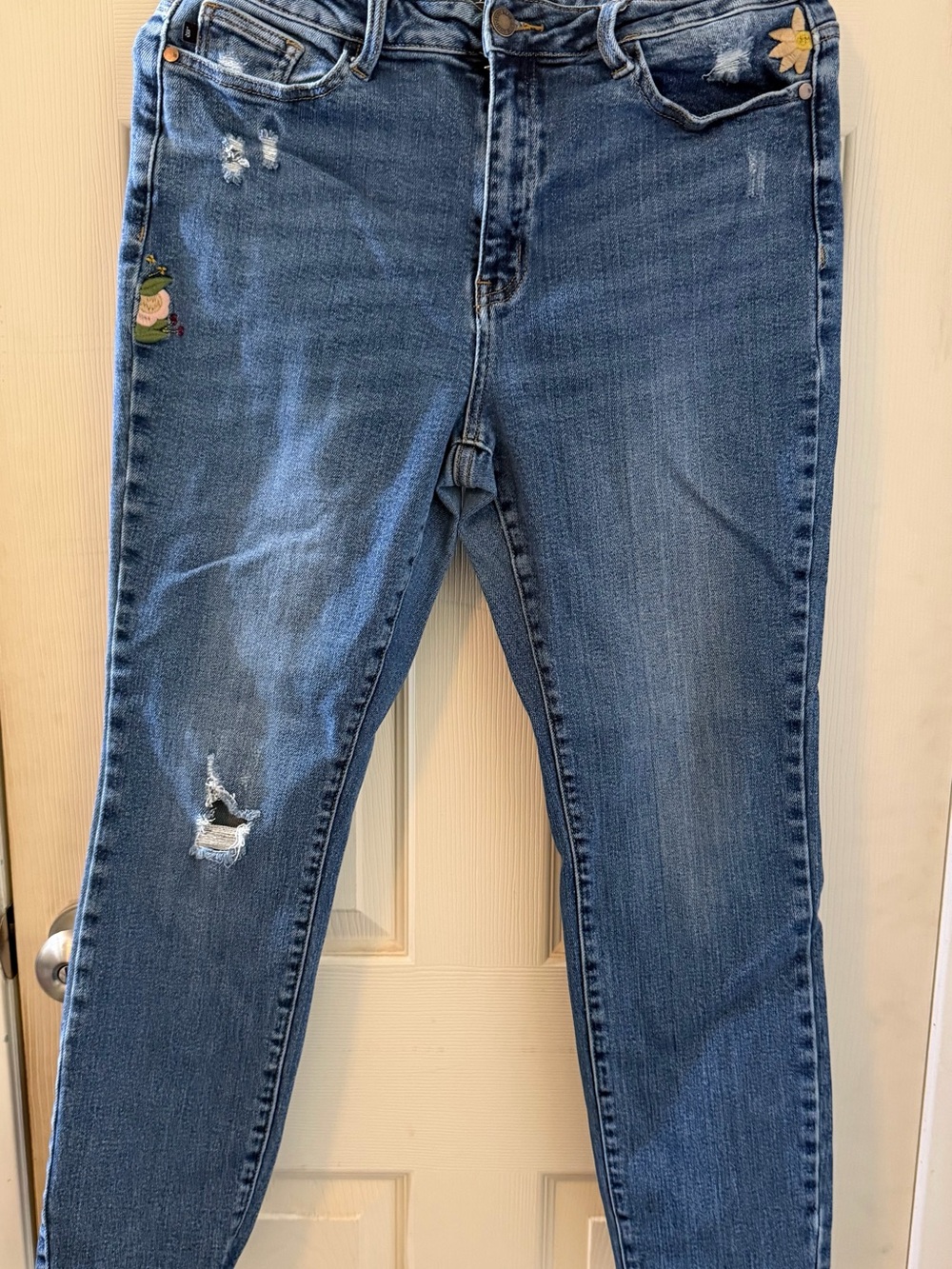 Judy Blue Medium Blue Skinny Jeans with Floral Embroidery